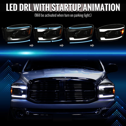 2006â€“2008 Dodge RAM 1500 / 2006â€“2009 RAM 2500 3500 Projector Headlights with Switchback LED Strips, Sequential Turn Signals, DRL & Startup Animation (Black Housing / Smoked Lens)