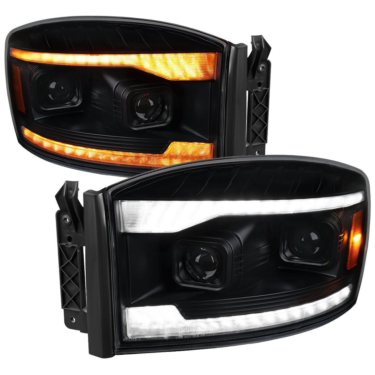2006â€“2008 Dodge RAM 1500 / 2006â€“2009 RAM 2500 3500 Projector Headlights with Switchback LED Strips, Sequential Turn Signals, DRL & Startup Animation (Black Housing / Smoked Lens)
