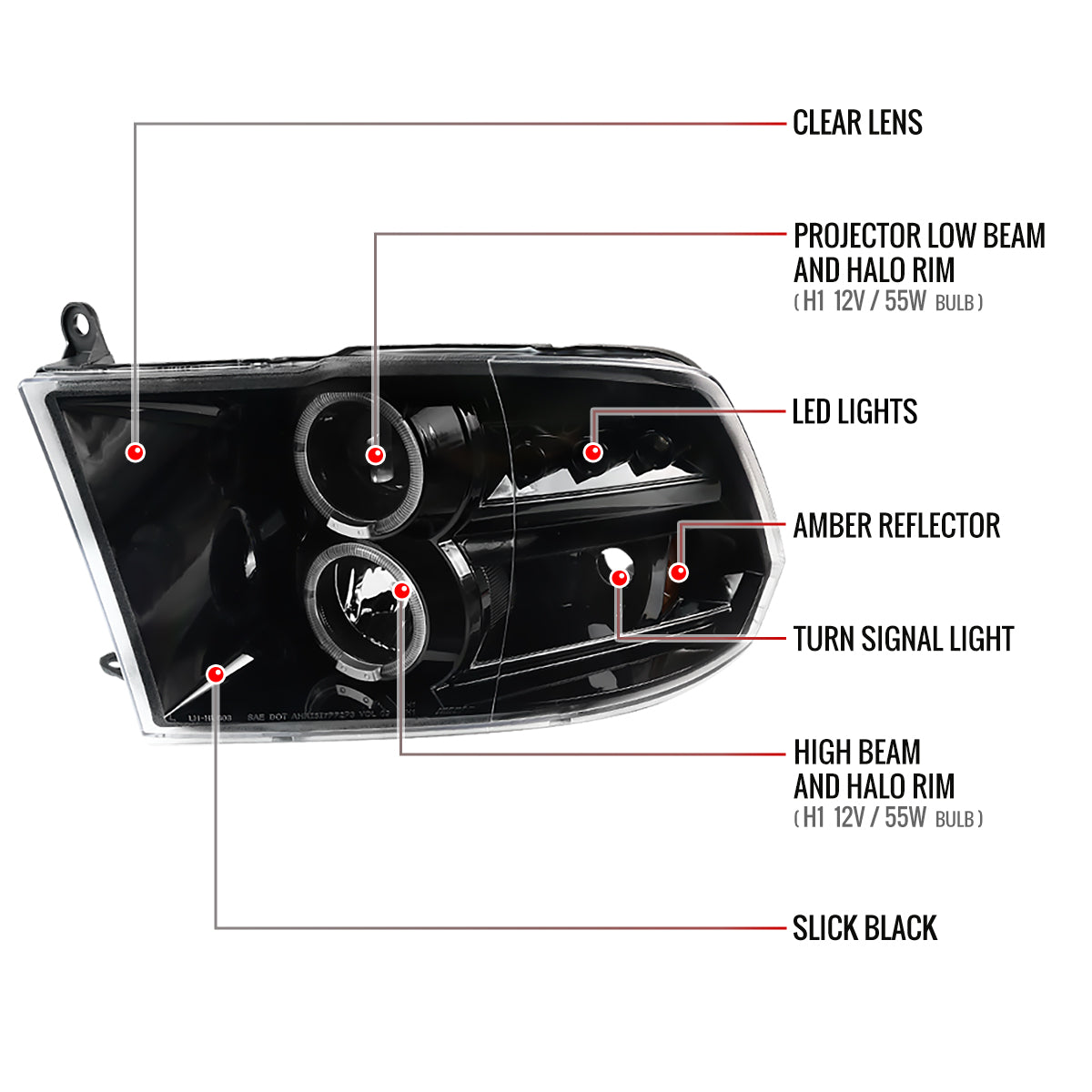 2009-2018 Dodge RAM 1500 / 2019-2021 RAM Classic / 2010-2018 RAM 2500 3500 Dual Halo Projector Headlights (Jet Black Housing/Clear Lens)