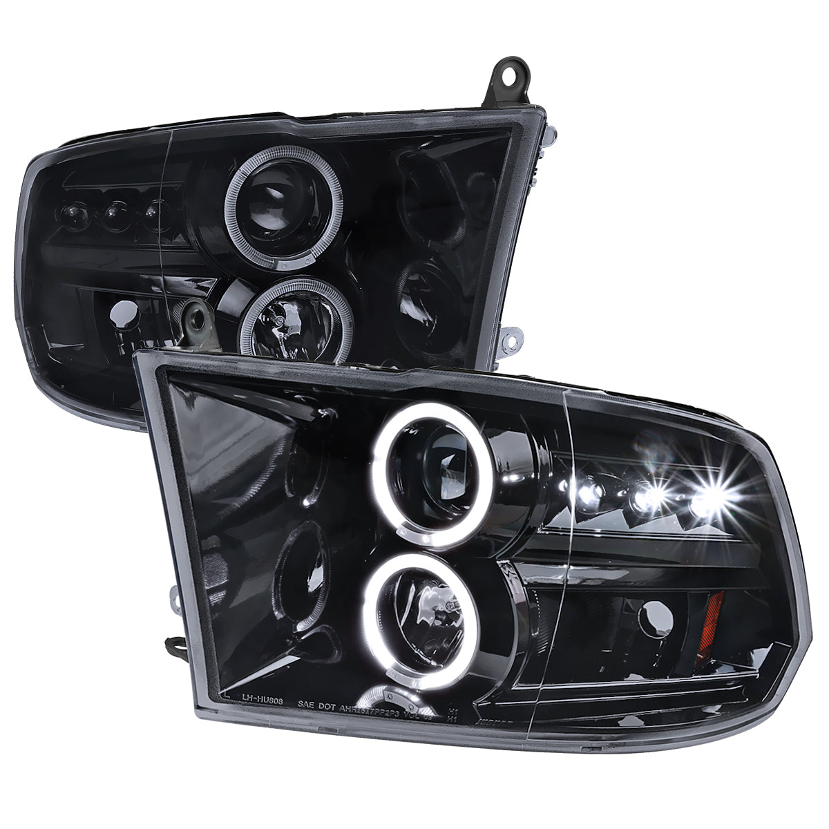 2009-2018 Dodge RAM 1500 / 2019-2021 RAM Classic / 2010-2018 RAM 2500 3500 Dual Halo Projector Headlights (Glossy Black Housing/Smoked Lens)