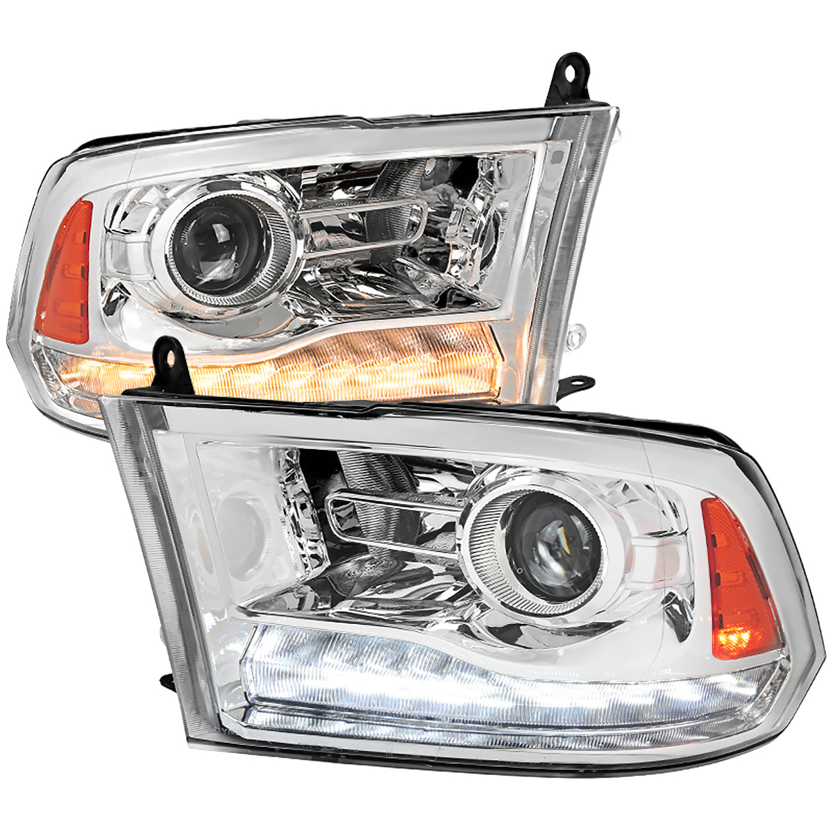 2009-2018 Dodge RAM 1500 / 2019-2021 RAM Classic / 2010-2018 RAM 2500 3500 Switchback Sequential LED Bar Projector Headlights (Chrome Housing/Clear Lens)