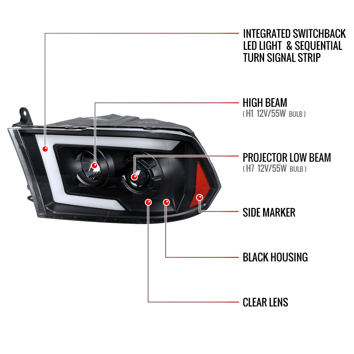 2009-2018 Dodge RAM 1500 / 2019-2021 RAM Classic/ 2010-2018 RAM 2500 3500 Switchback Sequential LED C-Bar Projector Headlights (Matte Black Housing/Clear Lens)