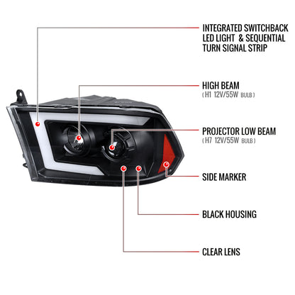 2009-2018 Dodge RAM 1500 / 2019-2021 RAM Classic/ 2010-2018 RAM 2500 3500 Switchback Sequential LED C-Bar Projector Headlights (Matte Black Housing/Clear Lens)