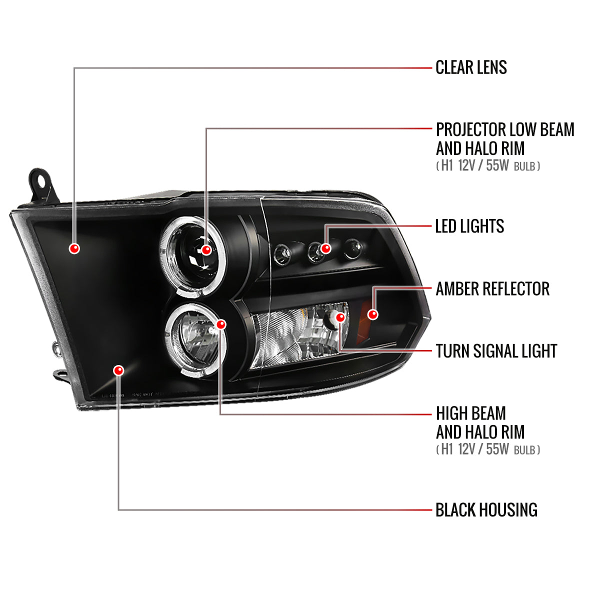 2009-2018 Dodge RAM 1500 / 2019-2021 RAM Classic / 2010-2018 RAM 2500 3500 Dual Halo Projector Headlights (Matte Black Housing/Clear Lens)
