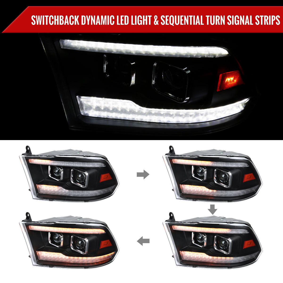 2009-2018 Dodge RAM 1500  / 2019-2021 RAM Classic / 2010-2018 RAM 2500 3500 Switchback Sequential Projector Headlights (Matte Black Housing/Clear Lens)