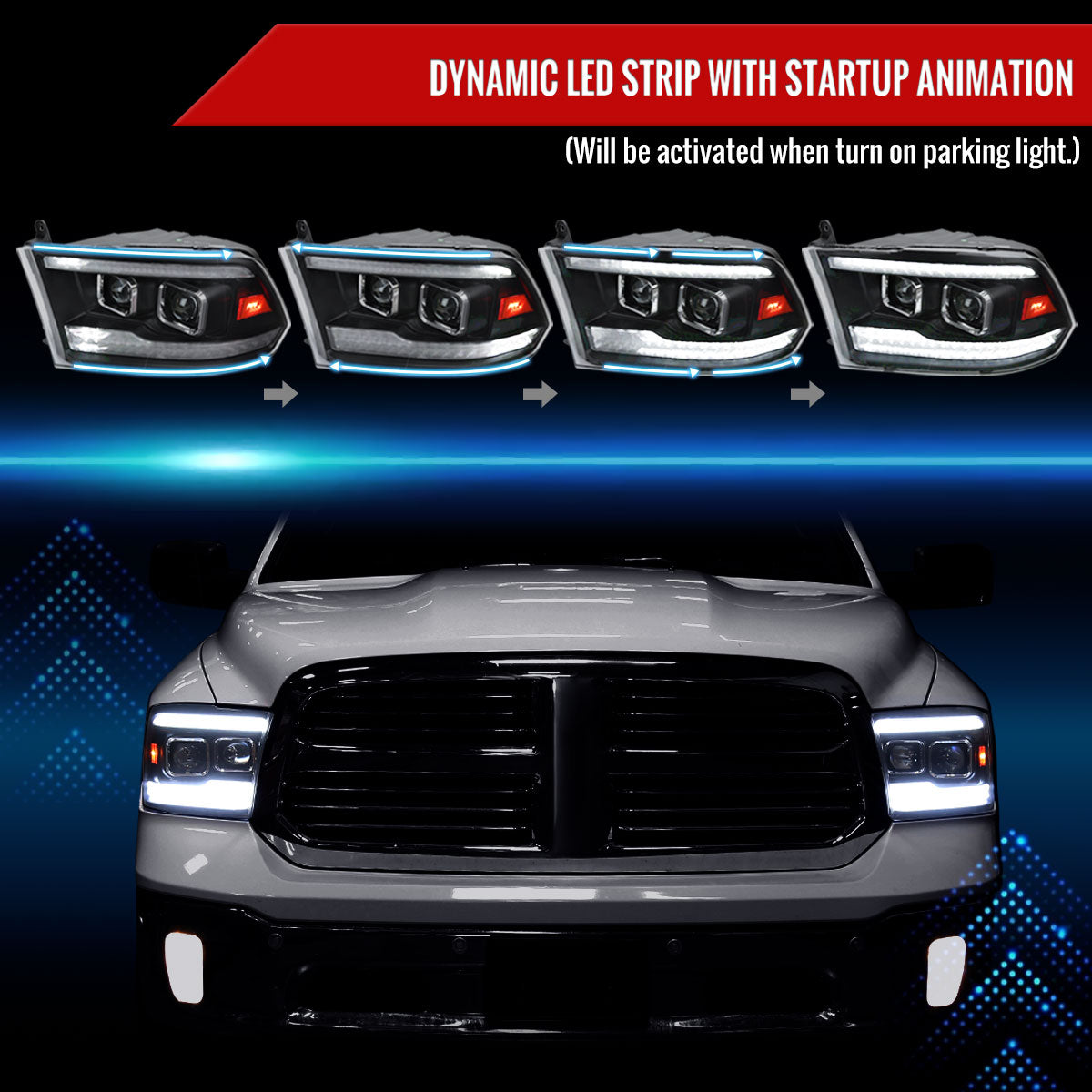 2009-2018 Dodge RAM 1500  / 2019-2021 RAM Classic / 2010-2018 RAM 2500 3500 Switchback Sequential Projector Headlights (Matte Black Housing/Clear Lens)