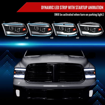 2009-2018 Dodge RAM 1500  / 2019-2021 RAM Classic / 2010-2018 RAM 2500 3500 Switchback Sequential Projector Headlights (Matte Black Housing/Clear Lens)