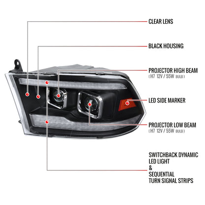 2009-2018 Dodge RAM 1500  / 2019-2021 RAM Classic / 2010-2018 RAM 2500 3500 Switchback Sequential Projector Headlights (Matte Black Housing/Clear Lens)