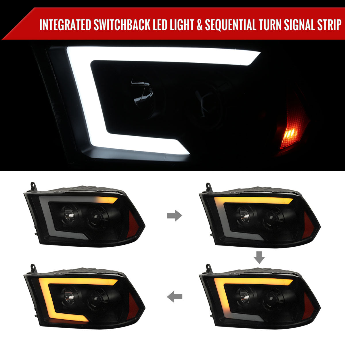 2009-2018 Dodge RAM 1500 / 2019-2021 RAM Classic/ 2010-2018 RAM 2500 3500 Switchback Sequential LED C-Bar Projector Headlights (Black Housing/Smoked Lens)