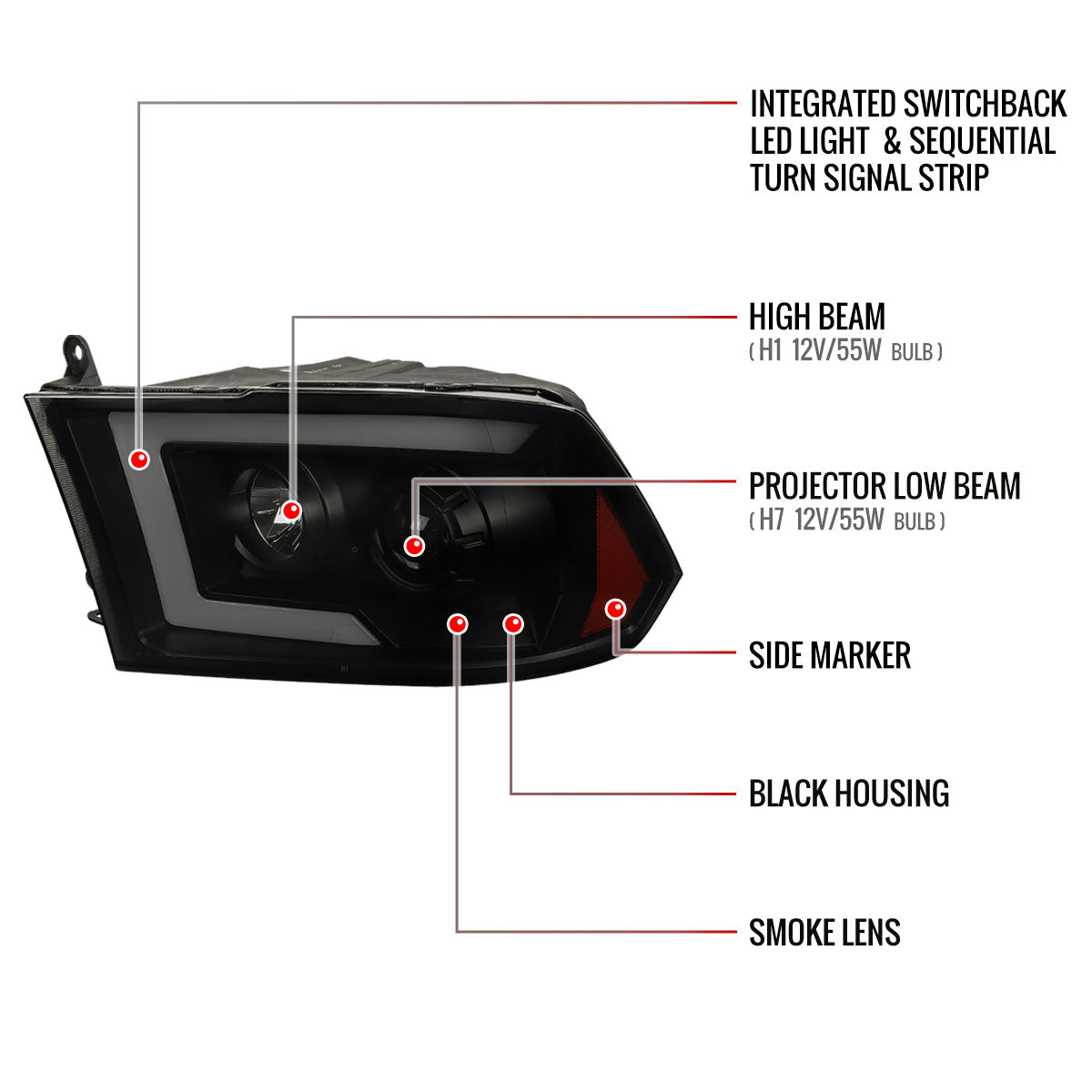 2009-2018 Dodge RAM 1500 / 2019-2021 RAM Classic/ 2010-2018 RAM 2500 3500 Switchback Sequential LED C-Bar Projector Headlights (Black Housing/Smoked Lens)