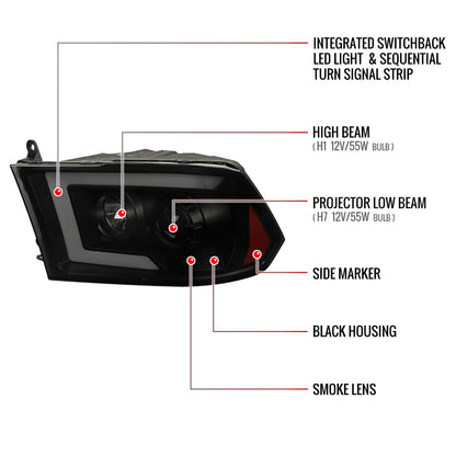 2009-2018 Dodge RAM 1500 / 2019-2021 RAM Classic/ 2010-2018 RAM 2500 3500 Switchback Sequential LED C-Bar Projector Headlights (Black Housing/Smoked Lens)