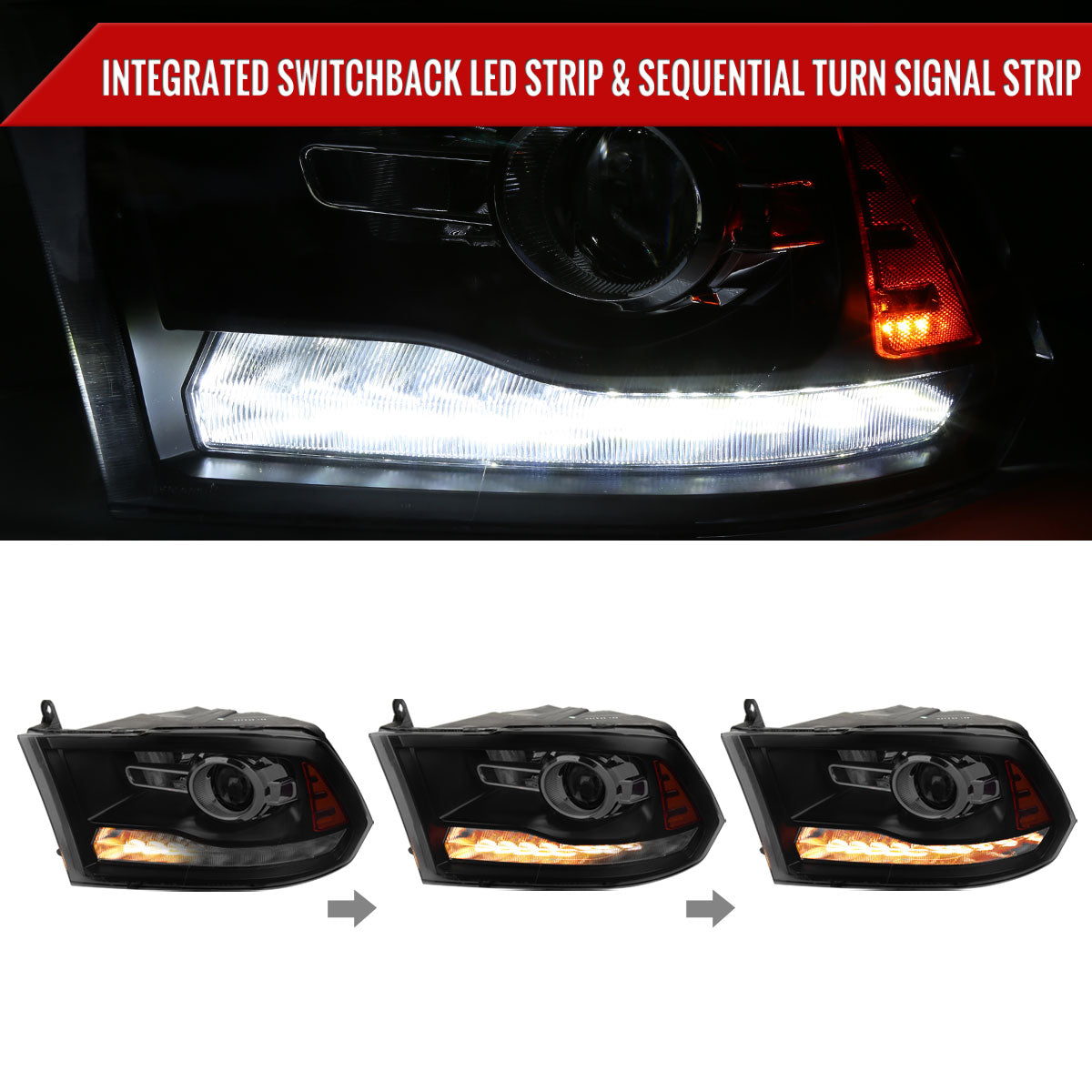 2009-2018 Dodge RAM 1500 / 2019-2021 RAM Classic / 2010-2018 RAM 2500 3500 Switchback Sequential LED Bar Projector Headlights (Jet Black Housing/Smoked Lens)
