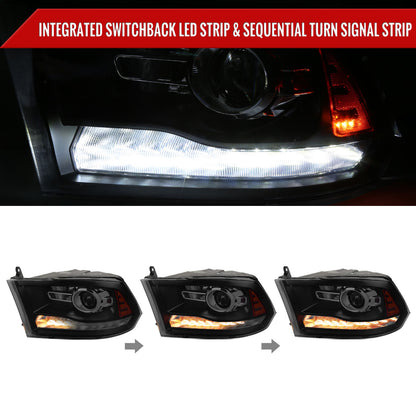 2009-2018 Dodge RAM 1500 / 2019-2021 RAM Classic / 2010-2018 RAM 2500 3500 Switchback Sequential LED Bar Projector Headlights (Jet Black Housing/Smoked Lens)