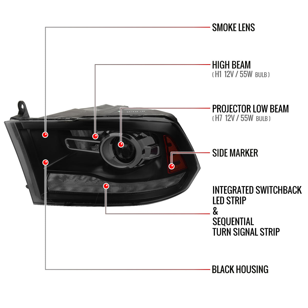 2009-2018 Dodge RAM 1500 / 2019-2021 RAM Classic / 2010-2018 RAM 2500 3500 Switchback Sequential LED Bar Projector Headlights (Jet Black Housing/Smoked Lens)