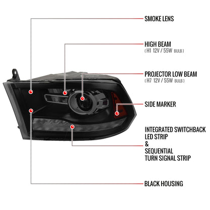 2009-2018 Dodge RAM 1500 / 2019-2021 RAM Classic / 2010-2018 RAM 2500 3500 Switchback Sequential LED Bar Projector Headlights (Jet Black Housing/Smoked Lens)