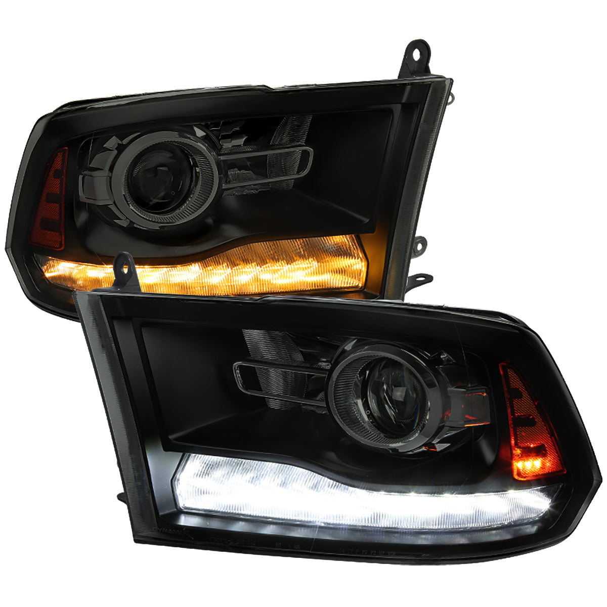 2009-2018 Dodge RAM 1500 / 2019-2021 RAM Classic / 2010-2018 RAM 2500 3500 Switchback Sequential LED Bar Projector Headlights (Jet Black Housing/Smoked Lens)