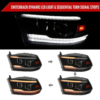 2009-2018 Dodge RAM 1500  / 2019-2021 RAM Classic / 2010-2018 RAM 2500 3500 Switchback Sequential Projector Headlights (Matte Black Housing/Smoked Lens)