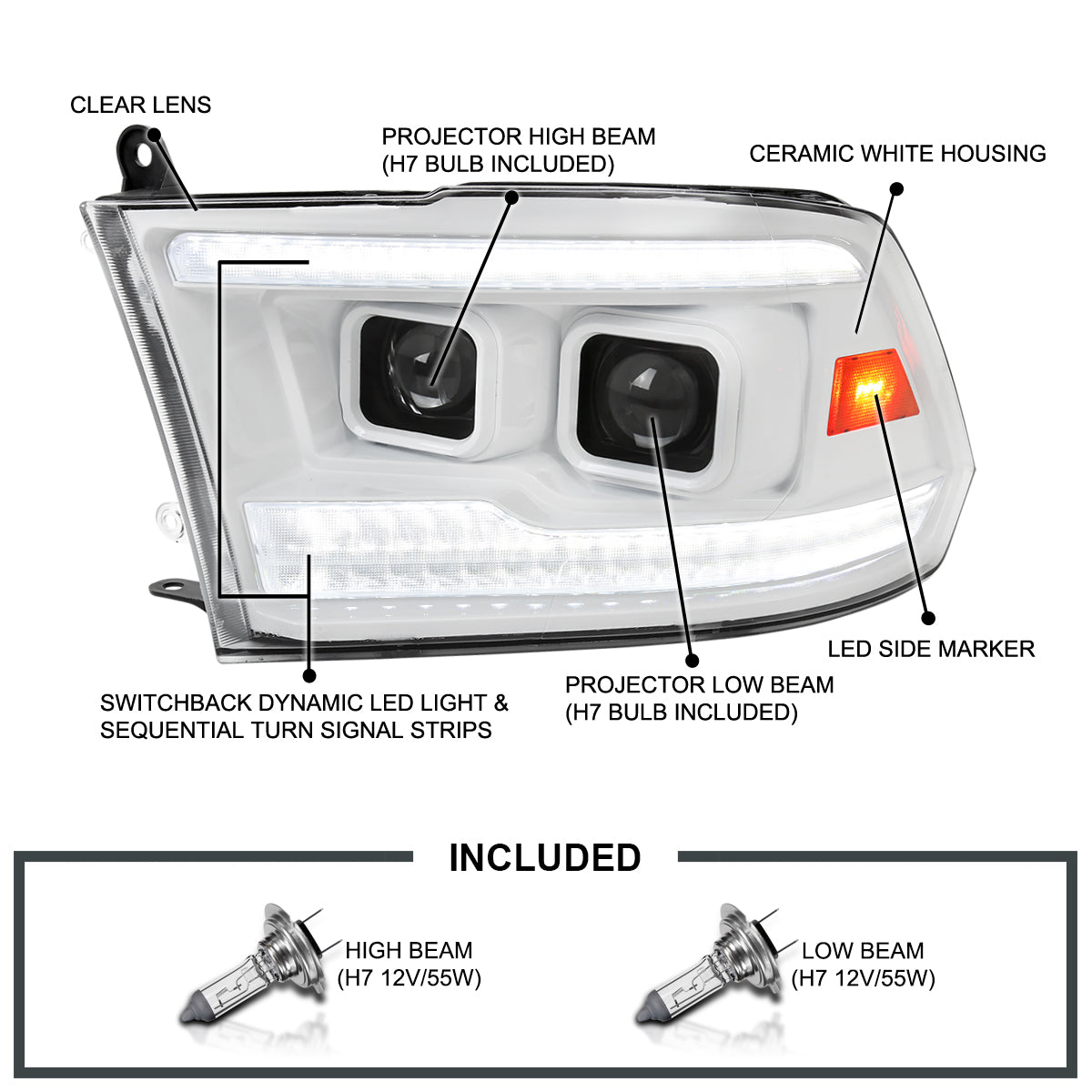 2009-2018 Dodge RAM 1500/2019-2021 RAM Classic/2010-2018 RAM 2500/3500 Switchback Sequential Projector Headlights (White Housing/Clear Lens)