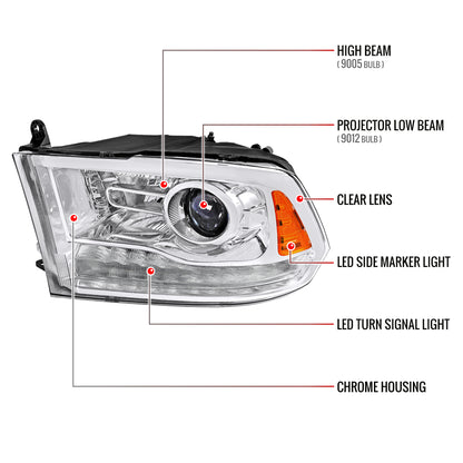 2013-2018 Ram 1500 2500 3500 LED Bar Projector Headlights (Chrome Housing/Clear Lens)