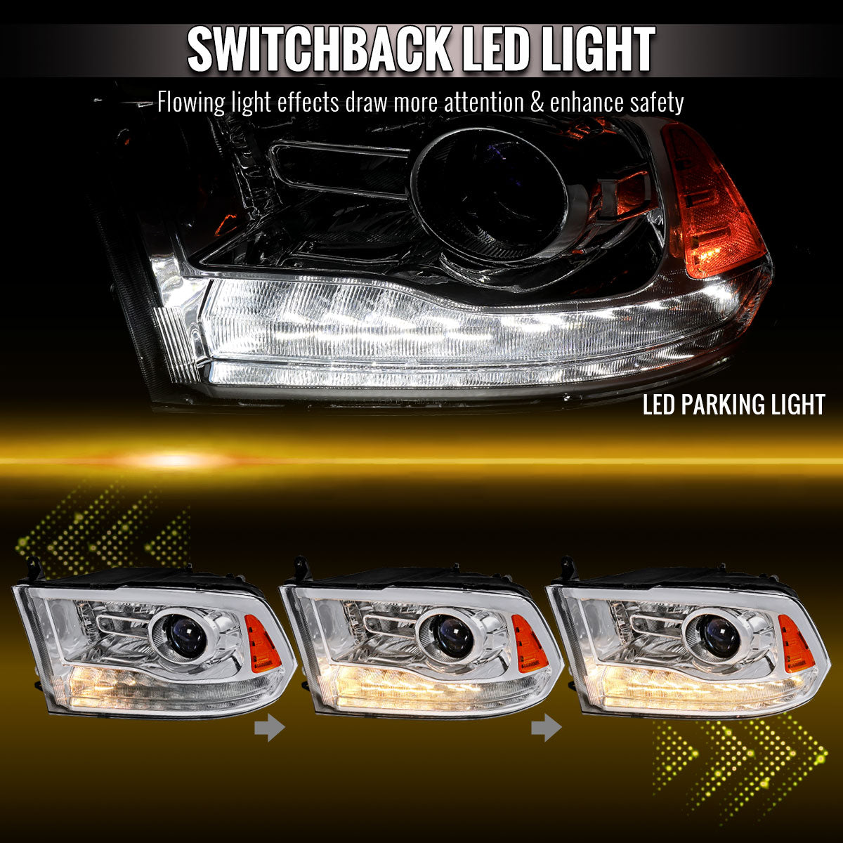 2013-2018 Ram 1500 2500 3500 Sequential LED Bar Signal Projector Headlights (Chrome Housing/Clear Lens)