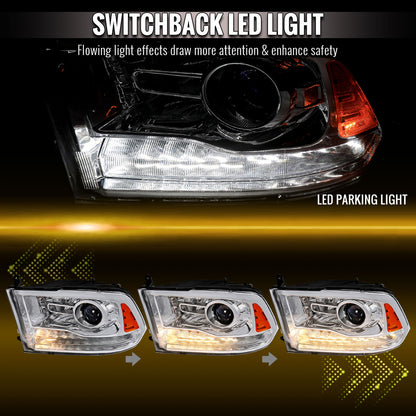 2013-2018 Ram 1500 2500 3500 Sequential LED Bar Signal Projector Headlights (Chrome Housing/Clear Lens)