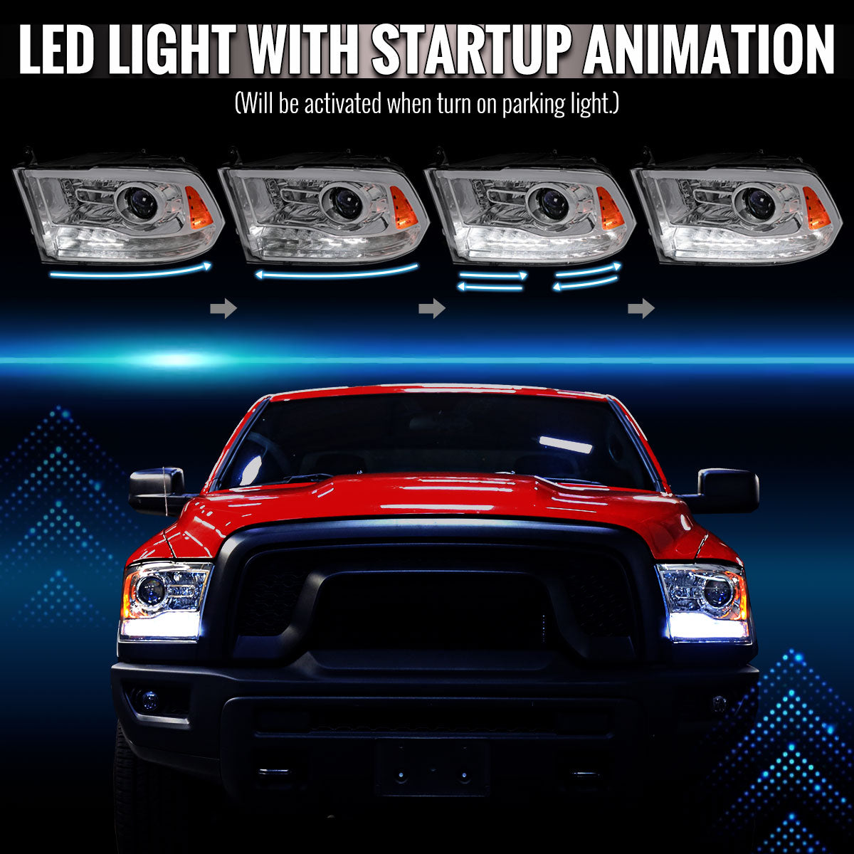 2013-2018 Ram 1500 2500 3500 Sequential LED Bar Signal Projector Headlights (Chrome Housing/Clear Lens)