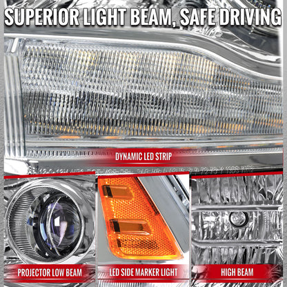 2013-2018 Ram 1500 2500 3500 Sequential LED Bar Signal Projector Headlights (Chrome Housing/Clear Lens)