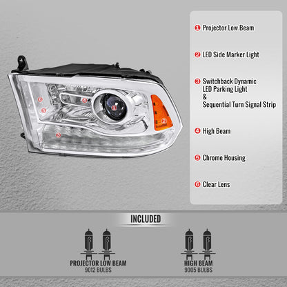 2013-2018 Ram 1500 2500 3500 Sequential LED Bar Signal Projector Headlights (Chrome Housing/Clear Lens)