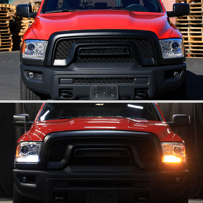 2013-2018 Ram 1500 2500 3500 Sequential LED Bar Signal Projector Headlights (Chrome Housing/Clear Lens)