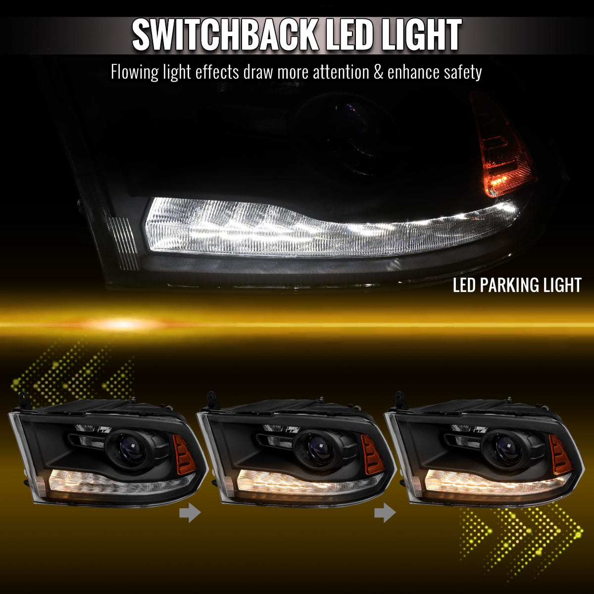 2013-2018 Ram 1500 2500 3500 Sequential LED Bar Signal Projector Headlights (Matte Black Housing/Clear Lens)