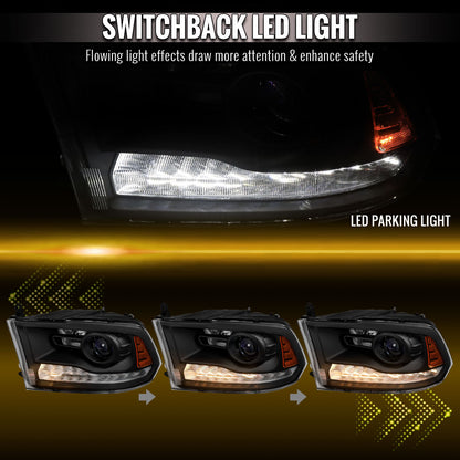 2013-2018 Ram 1500 2500 3500 Sequential LED Bar Signal Projector Headlights (Matte Black Housing/Clear Lens)