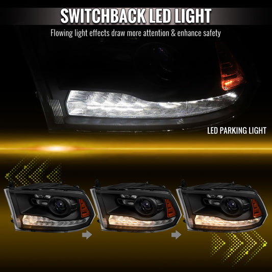 2013-2018 Ram 1500 2500 3500 Sequential LED Bar Signal Projector Headlights (Matte Black Housing/Clear Lens)