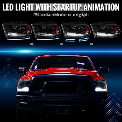 2013-2018 Ram 1500 2500 3500 Sequential LED Bar Signal Projector Headlights (Matte Black Housing/Clear Lens)