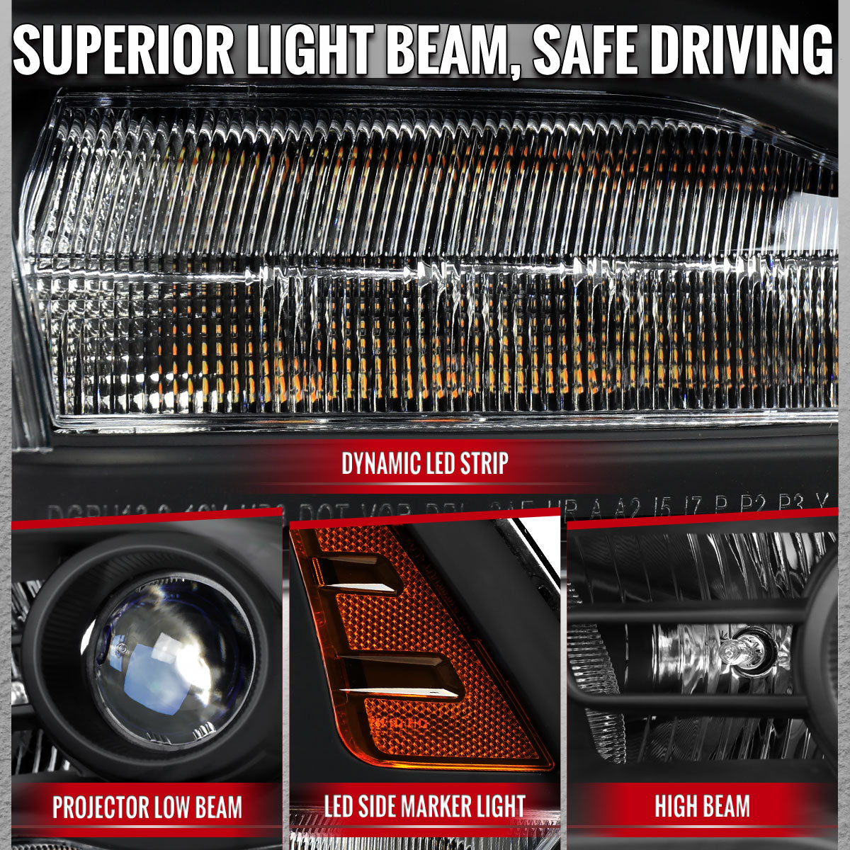 2013-2018 Ram 1500 2500 3500 Sequential LED Bar Signal Projector Headlights (Matte Black Housing/Clear Lens)