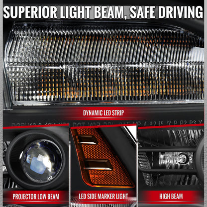 2013-2018 Ram 1500 2500 3500 Sequential LED Bar Signal Projector Headlights (Matte Black Housing/Clear Lens)