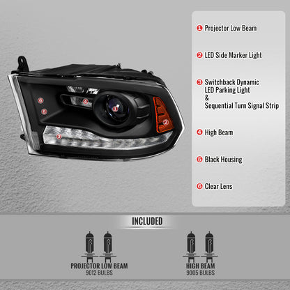 2013-2018 Ram 1500 2500 3500 Sequential LED Bar Signal Projector Headlights (Matte Black Housing/Clear Lens)