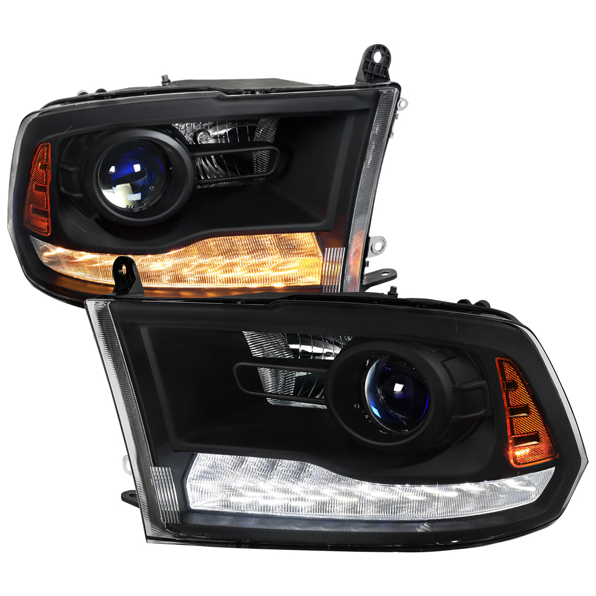 2013-2018 Ram 1500 2500 3500 Sequential LED Bar Signal Projector Headlights (Matte Black Housing/Clear Lens)
