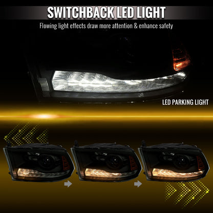 2013-2018 Ram 1500 2500 3500 Sequential LED Bar Signal Projector Headlights (Black Housing / Smoked Lens)