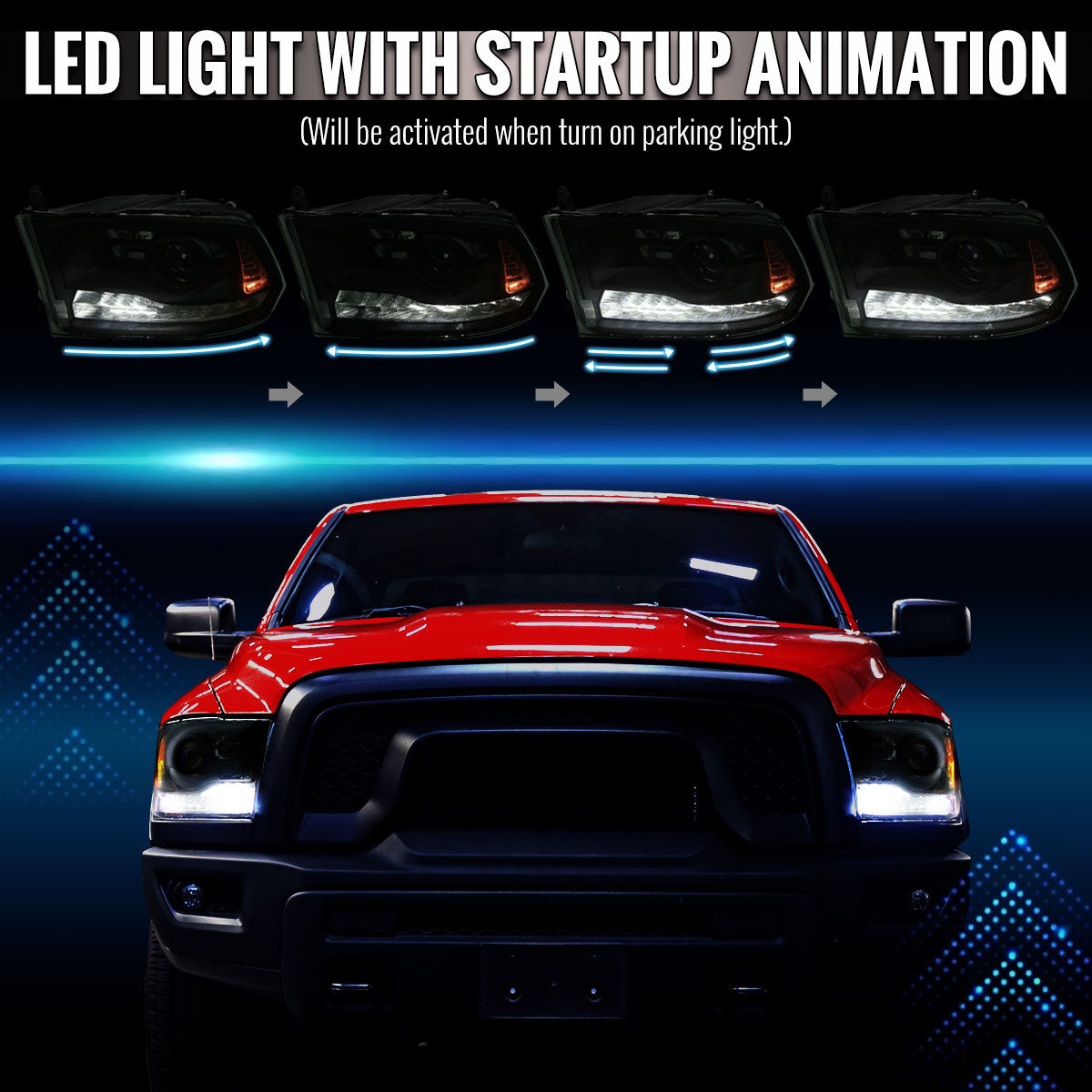 2013-2018 Ram 1500 2500 3500 Sequential LED Bar Signal Projector Headlights (Black Housing / Smoked Lens)