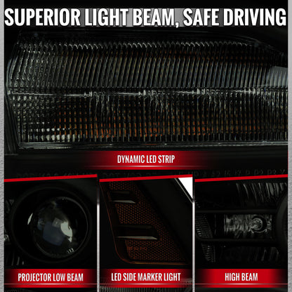 2013-2018 Ram 1500 2500 3500 Sequential LED Bar Signal Projector Headlights (Black Housing / Smoked Lens)