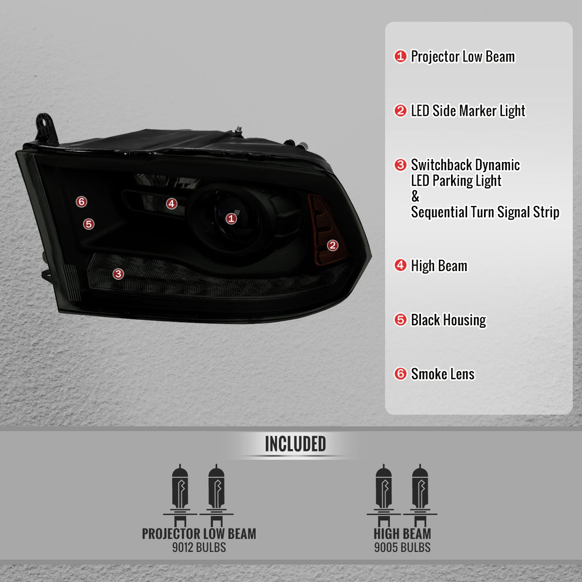 2013-2018 Ram 1500 2500 3500 Sequential LED Bar Signal Projector Headlights (Black Housing / Smoked Lens)