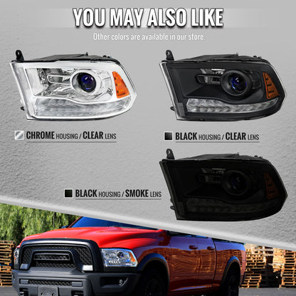 2013-2018 Ram 1500 2500 3500 Sequential LED Bar Signal Projector Headlights (Black Housing / Smoked Lens)