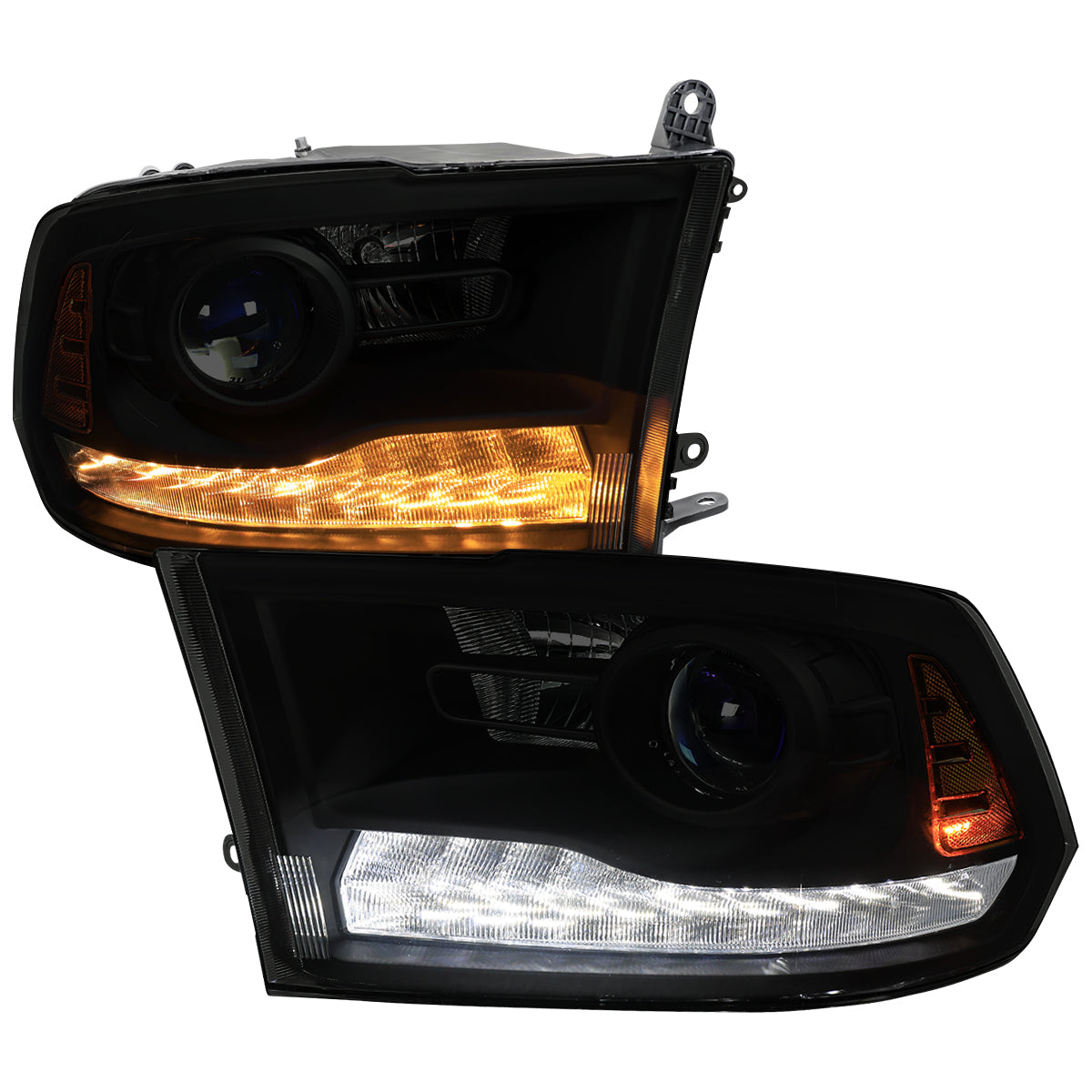 2013-2018 Ram 1500 2500 3500 Sequential LED Bar Signal Projector Headlights (Black Housing / Smoked Lens)