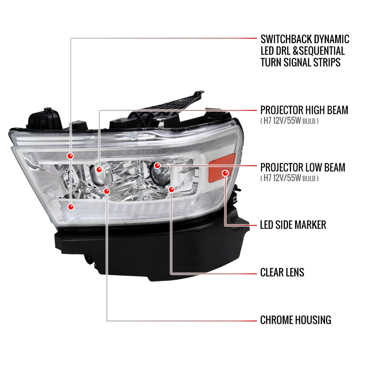 2019-2024 Dodge RAM 1500 Switchback Sequential LED Turn Signal Projector Headlights (Chrome Housing/Clear Lens)