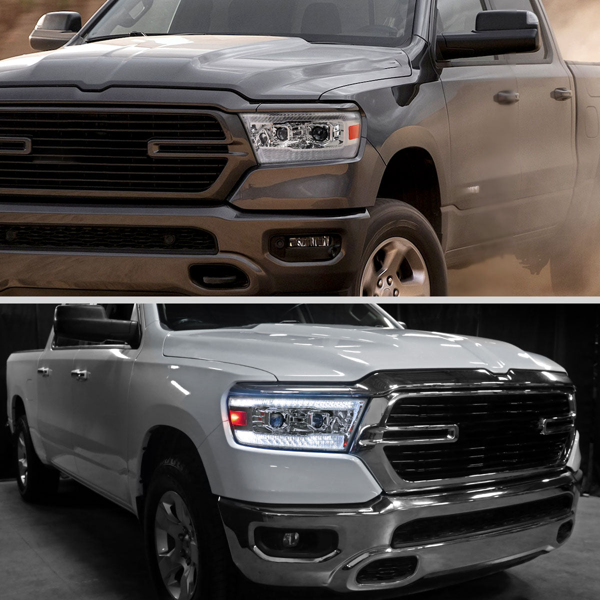2019-2024 Dodge RAM 1500 Switchback Sequential LED Turn Signal Projector Headlights (Chrome Housing/Clear Lens)
