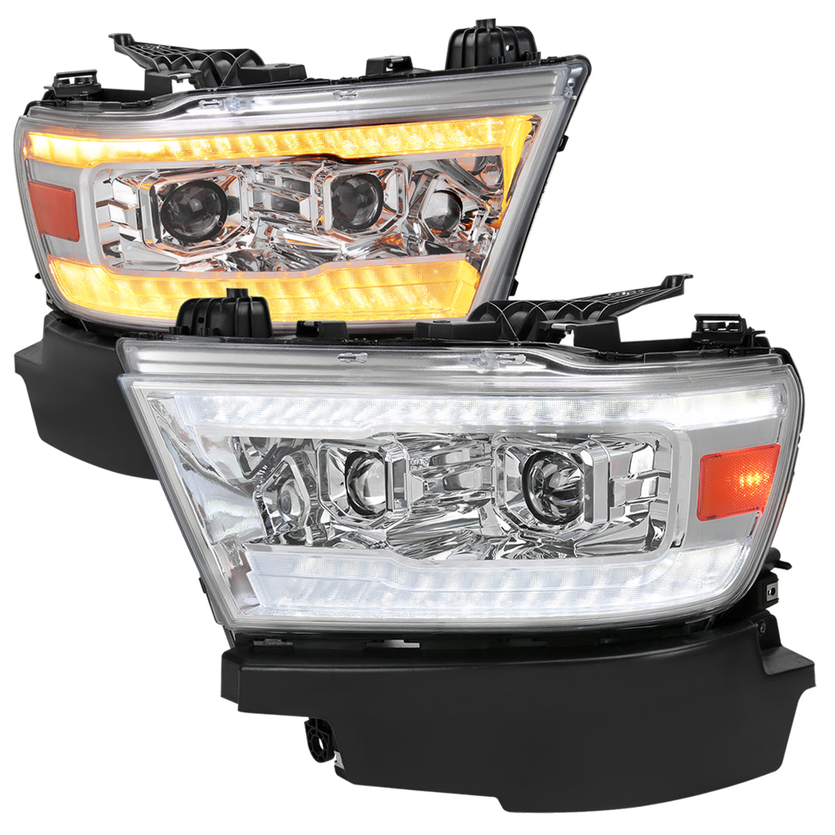 2019-2024 Dodge RAM 1500 Switchback Sequential LED Turn Signal Projector Headlights (Chrome Housing/Clear Lens)