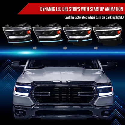 2019-2024 Dodge RAM 1500 Switchback Sequential LED Turn Signal Projector Headlights (Matte Black Housing/Clear Lens)