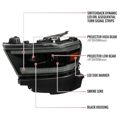 2019-2024 Dodge RAM 1500 Switchback Sequential LED Turn Signal Projector Headlights (Matte Black Housing/Smoked Lens)