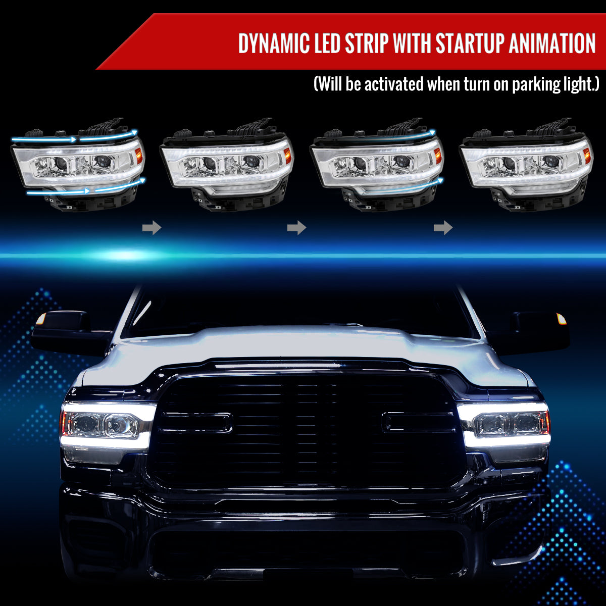 2019-2024 Dodge RAM 2500/3500/4500/5500 Switchback Sequential LED Turn Signal Projector Headlights (Chrome Housing/Clear Lens)