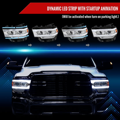 2019-2024 Dodge RAM 2500/3500/4500/5500 Switchback Sequential LED Turn Signal Projector Headlights (Chrome Housing/Clear Lens)
